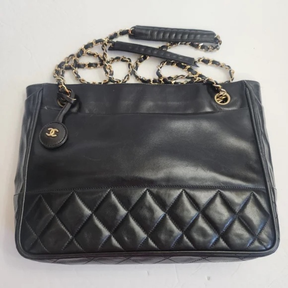 CHANEL Handbags - Authentic vintage CHANEL black quilted Matelasse lambskin tote bag with COA